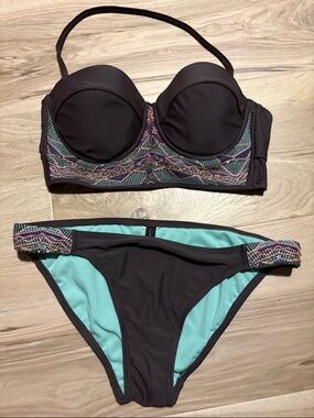 Women’s Dark Grey Two-Piece Swim Bikini with Mint Lining